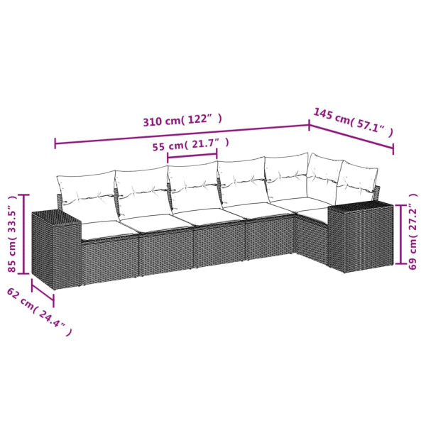 6 pcs conjunto sofás de jardim com almofadões vime cinzento M 3