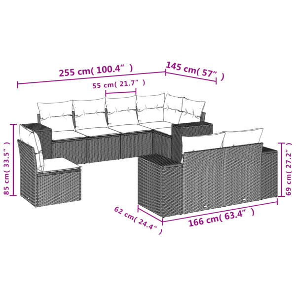 8 pcs conjunto sofás de jardim c/ almofadões vime PE cinzento M 3