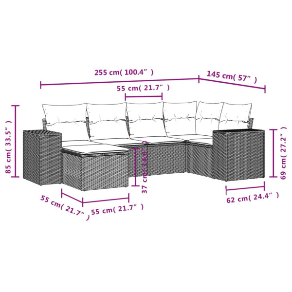 6 pcs conjunto de sofás p/ jardim com almofadões vime PE bege M 2