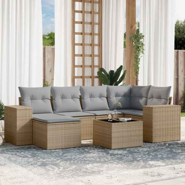 7 pcs conjunto de sofás p/ jardim com almofadões vime PE bege D