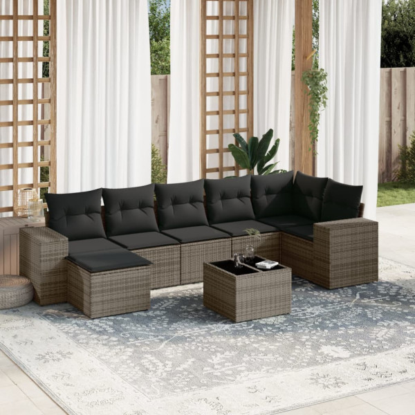 Set de sofás de jardín 8 pzas y cojines ratán sintético gris D