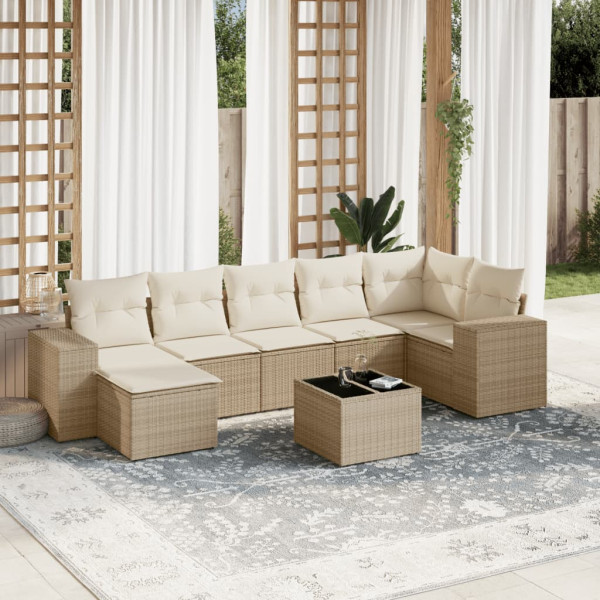 8 pcs conjunto de sofás p/ jardim com almofadões vime PE bege D