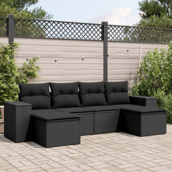 Set de sofás de jardín 6 piezas y cojines ratán sintético negro D