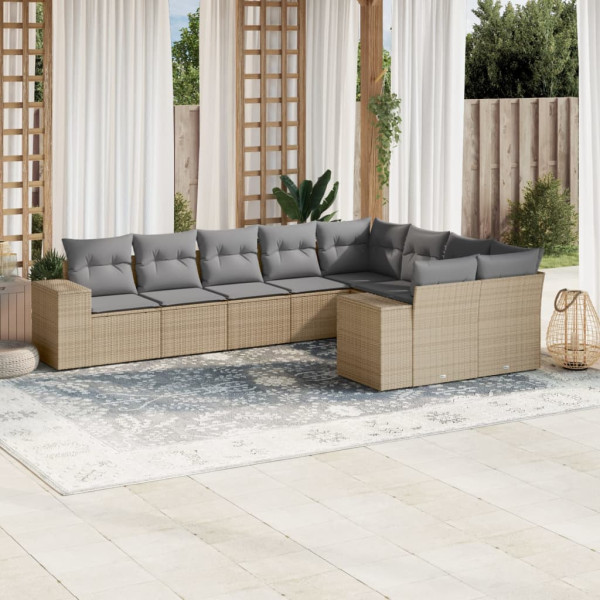 Set de sofás de jardín 9 pzas con cojines ratán sintético beige D