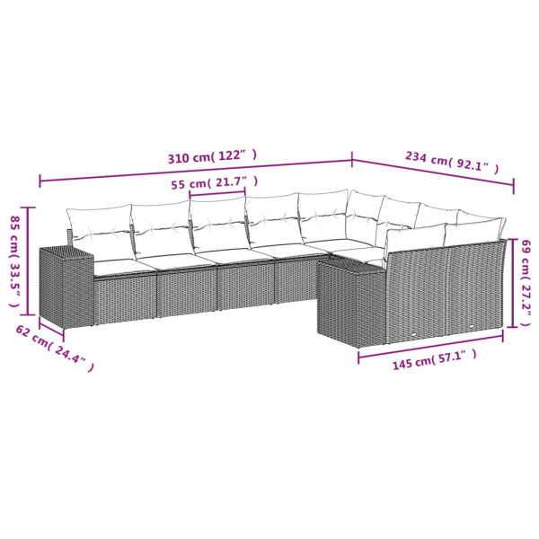 9 pcs conjunto de sofás p/ jardim com almofadões vime PE bege M 3