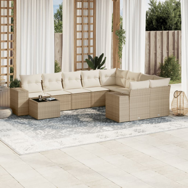 10 pcs conjunto de sofás p/ jardim com almofadões vime PE bege D