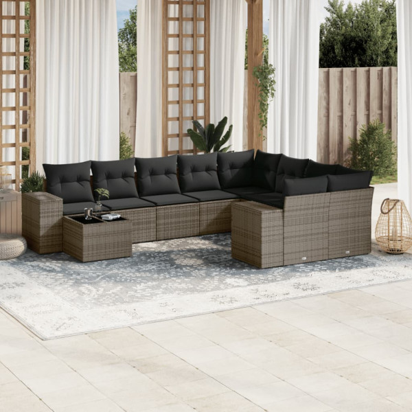 10 pcs conjunto sofás de jardim c/ almofadões vime PE cinzento D