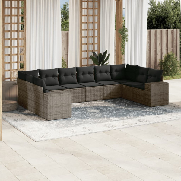 10 pcs conjunto sofás de jardim c/ almofadões vime PE cinzento D