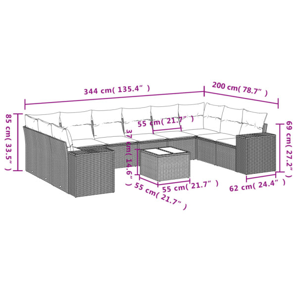 11 pcs conjunto sofás de jardim c/ almofadões vime PE preto M 3