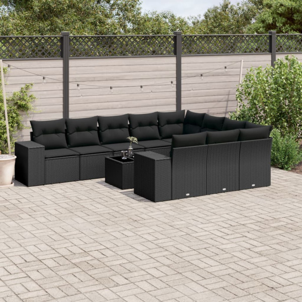 Set de sofás de jardín 11 pzas y cojines ratán sintético negro D