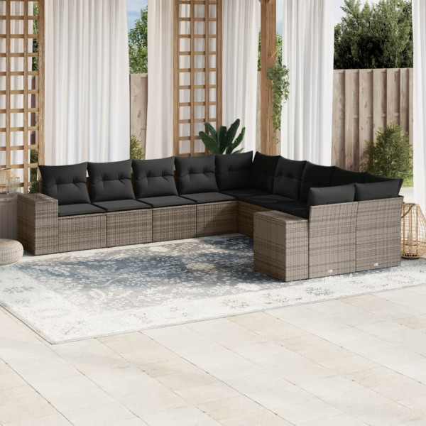 10 pcs conjunto sofás de jardim c/ almofadões vime PE cinzento D