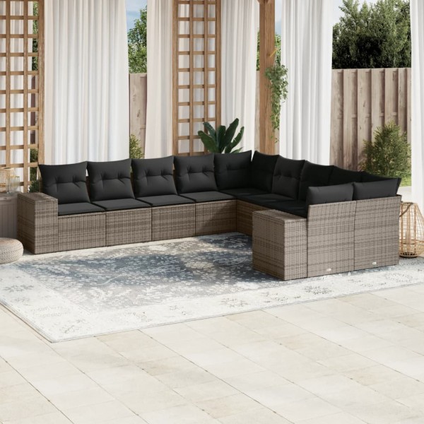 Set de sofás de jardín 10 pzas con cojines ratán sintético gris D
