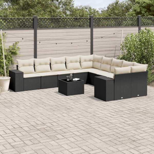 Set de sofás de jardín 11 pzas y cojines ratán sintético negro D