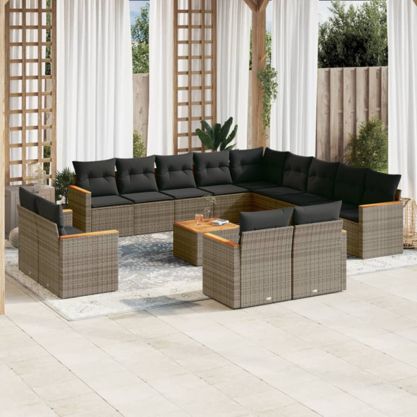 14 pcs conjunto sofás p/ jardim c/ almofadões vime PE cinzento D