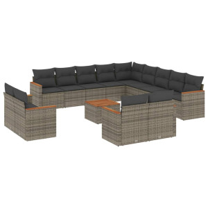 14 pcs conjunto sofás p/ jardim c/ almofadões vime PE cinzento H