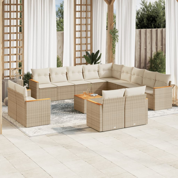 14 pcs conjunto de sofás p/ jardim com almofadões vime PE bege D
