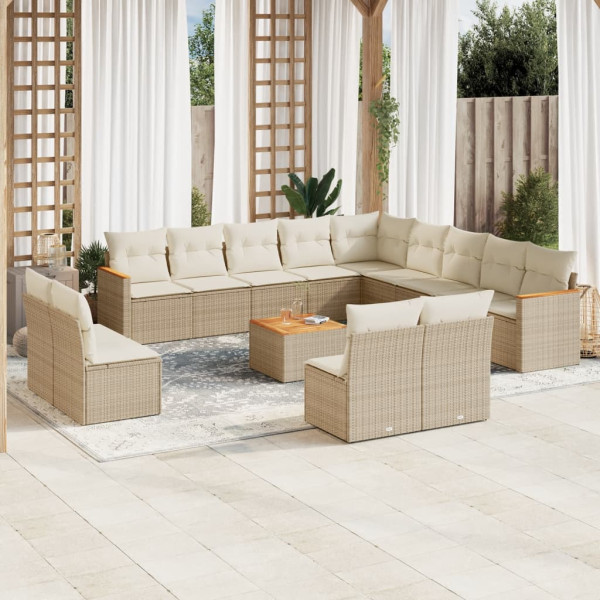 14 pcs conjunto de sofás p/ jardim com almofadões vime PE bege D