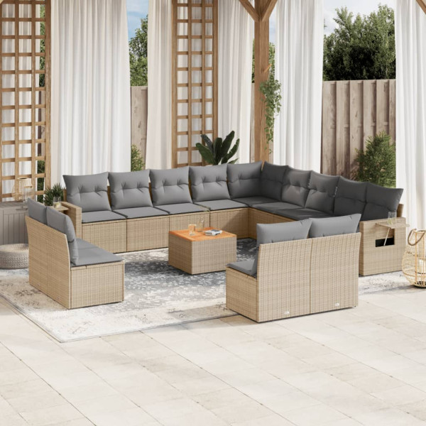 14 pcs conj. sofás jardim c/ almofadões vime PE bege misturado D