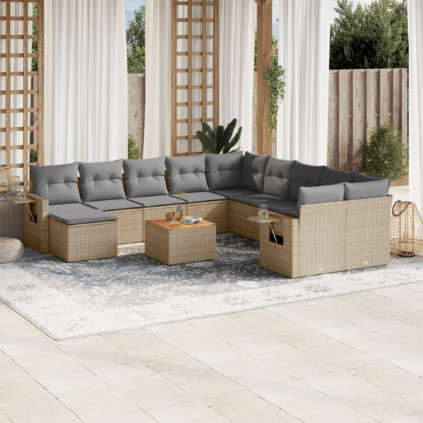 Set sofás jardín 14 pzas y cojines ratán sintético beige mezcla D