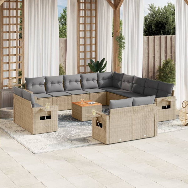 Set sofás jardín 14 pzas y cojines ratán sintético beige mezcla D