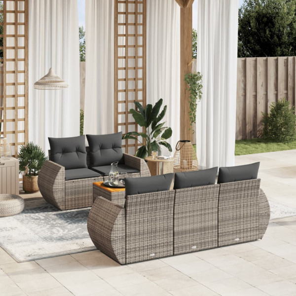 Set de muebles de jardín 6 pzas y cojines ratán sintético gris D