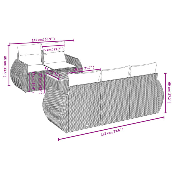 6 pcs conjunto sofás de jardim com almofadões vime cinzento M 3