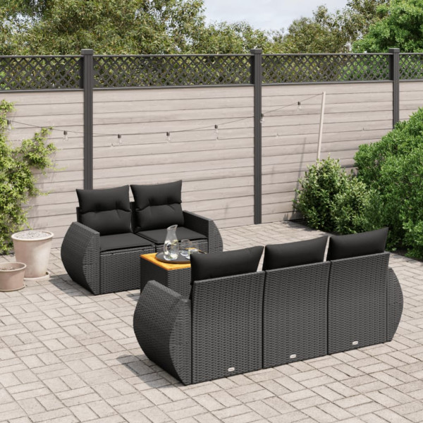 6 pcs conjunto sofás de jardim c/ almofadões vime PE preto D
