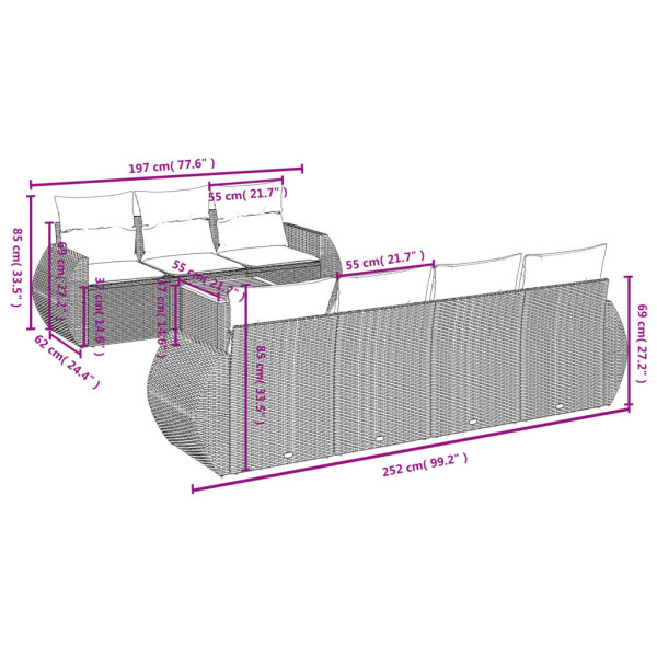 Set de sofás de jardín 8 pzas y cojines ratán sintético gris M 3