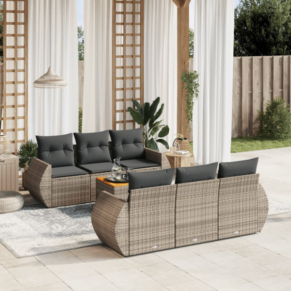 7 pcs conjunto sofás p/ jardim c/ almofadões vime PE cinzento D