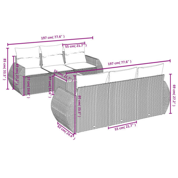 Set de sofás de jardín 7 piezas con cojines ratán PE gris M 3