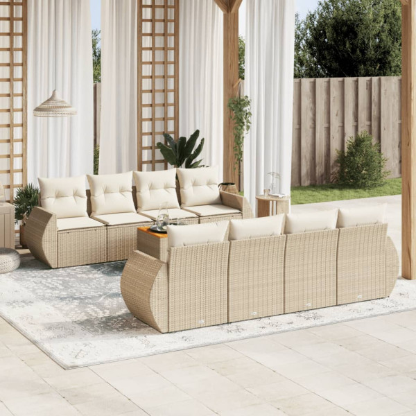9 pcs conjunto de sofás p/ jardim com almofadões vime PE bege D