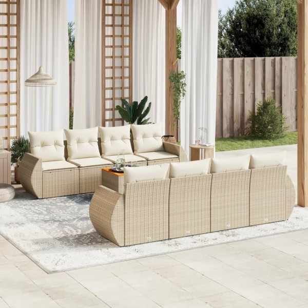 Set de sofás de jardín 9 pzas con cojines ratán sintético beige D