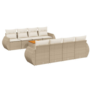 9 pcs conjunto de sofás p/ jardim com almofadões vime PE bege H