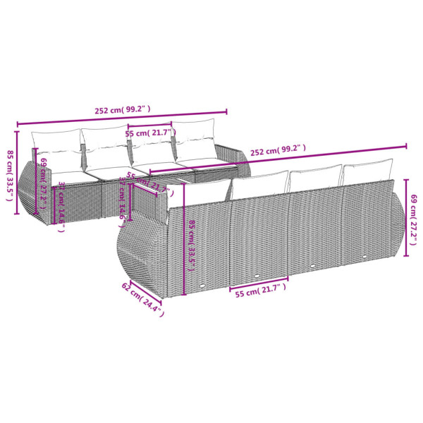 9 pcs conjunto sofás p/ jardim com almofadões vime PE cinzento M 3