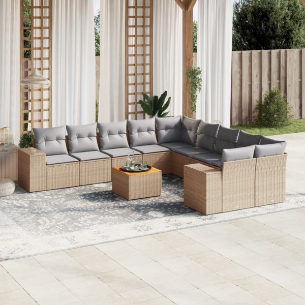 Set de sofás de jardín 11pzas con cojines ratán sintético beige D