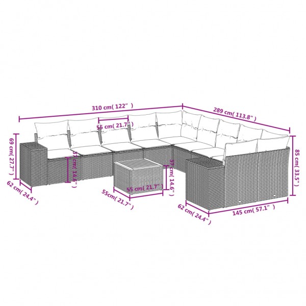 Set de sofás de jardín 11pzas con cojines ratán sintético beige M 3