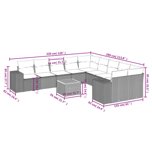 11 pcs conjunto sofás de jardim c/ almofadões vime PE preto M 3