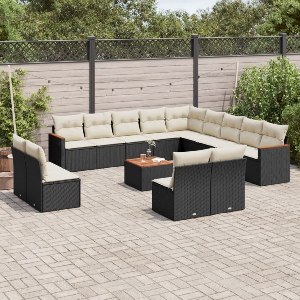 Set sofás de jardín 14 pzas con cojines ratán sintético negro D