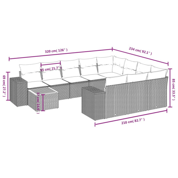 11 pcs conjunto sofás de jardim c/ almofadões vime PE cinzento M 3