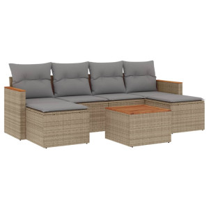 7 pcs conj. sofás jardim c/ almofadões vime PE bege misturado H