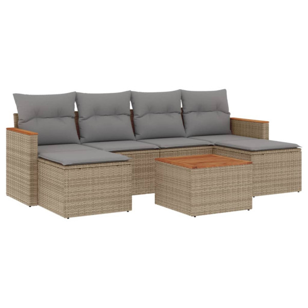 7 pcs conj. sofás jardim c/ almofadões vime PE bege misturado M 2