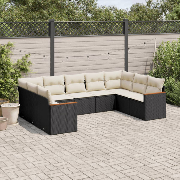 9 pcs conjunto de sofás p/ jardim c/ almofadões vime PE preto D