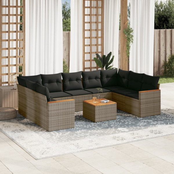 10 pcs conjunto sofás de jardim c/ almofadões vime PE cinzento D