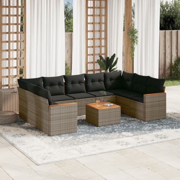 Set de sofás de jardín 10 pzas con cojines ratán sintético gris D