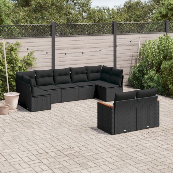 Set de sofás de jardín 8 piezas y cojines ratán sintético negro D