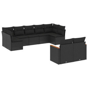 9 pcs conjunto de sofás p/ jardim c/ almofadões vime PE preto H