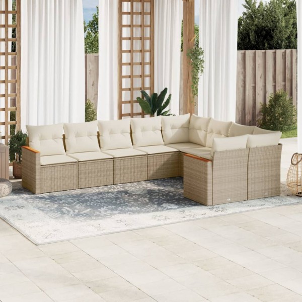 Set de sofás de jardín 9 pzas con cojines ratán sintético beige D