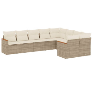 9 pcs conjunto de sofás p/ jardim com almofadões vime PE bege H