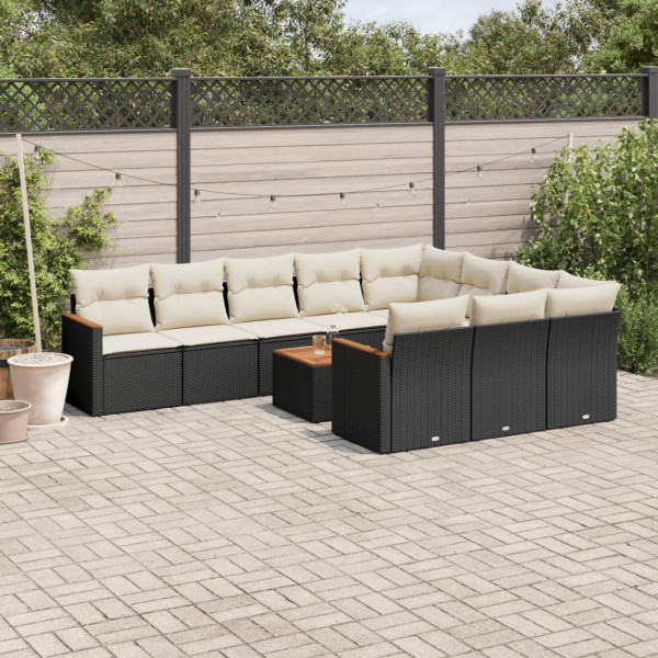 Set de sofás de jardín 11 pzas y cojines ratán sintético negro D