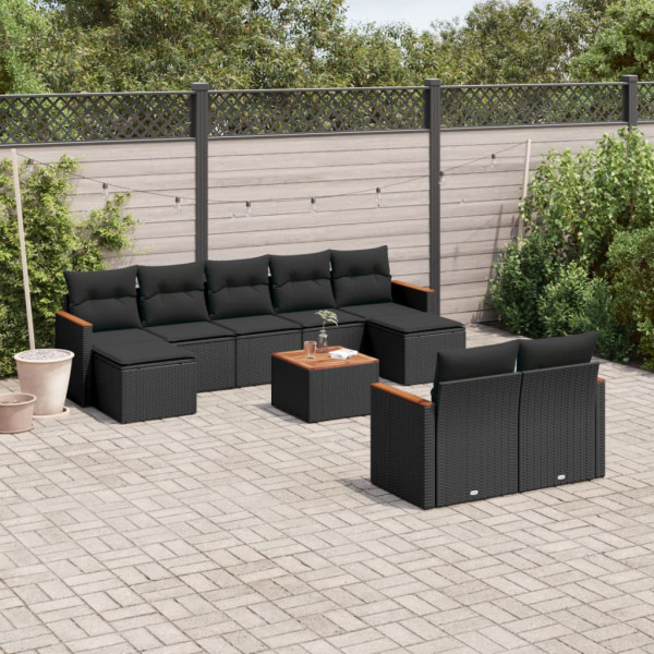 10 pcs conjunto sofás de jardim c/ almofadões vime PE preto D